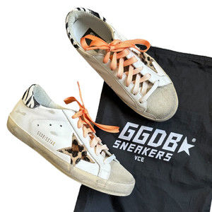 Golden Goose White Leather Superstar Sneakers Leopard Star Zebra Heel Womens 7